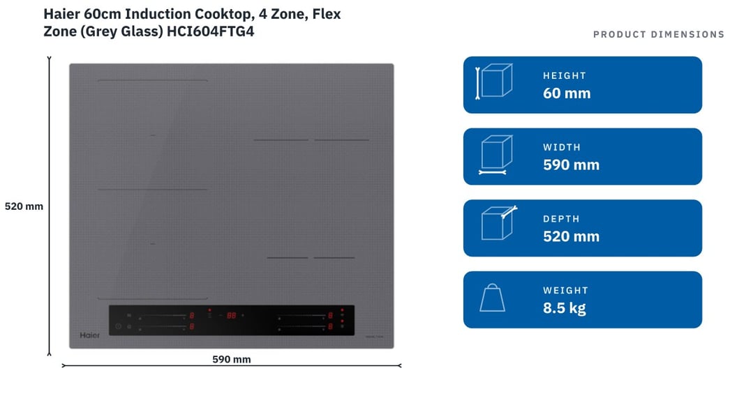 Haier 60cm Induction Cooktop, 4 Zone, Flex Zone (Grey Glass) HCI604FTG4 — product dimensions