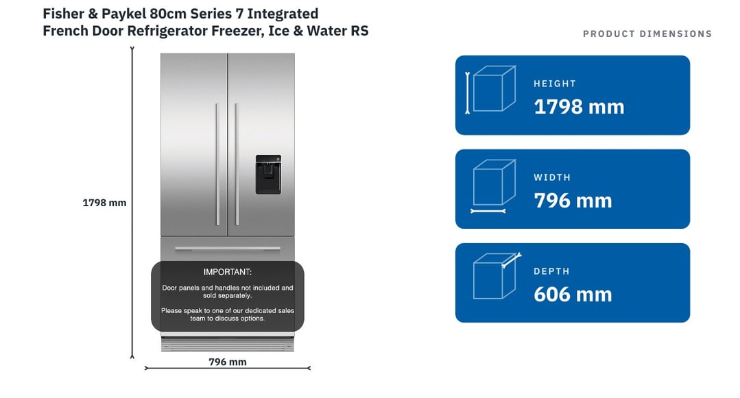 Fisher & Paykel 80cm Series 7 Integrated French Door Refrigerator Freezer, Ice & Water RS80AU1 — product dimensions
