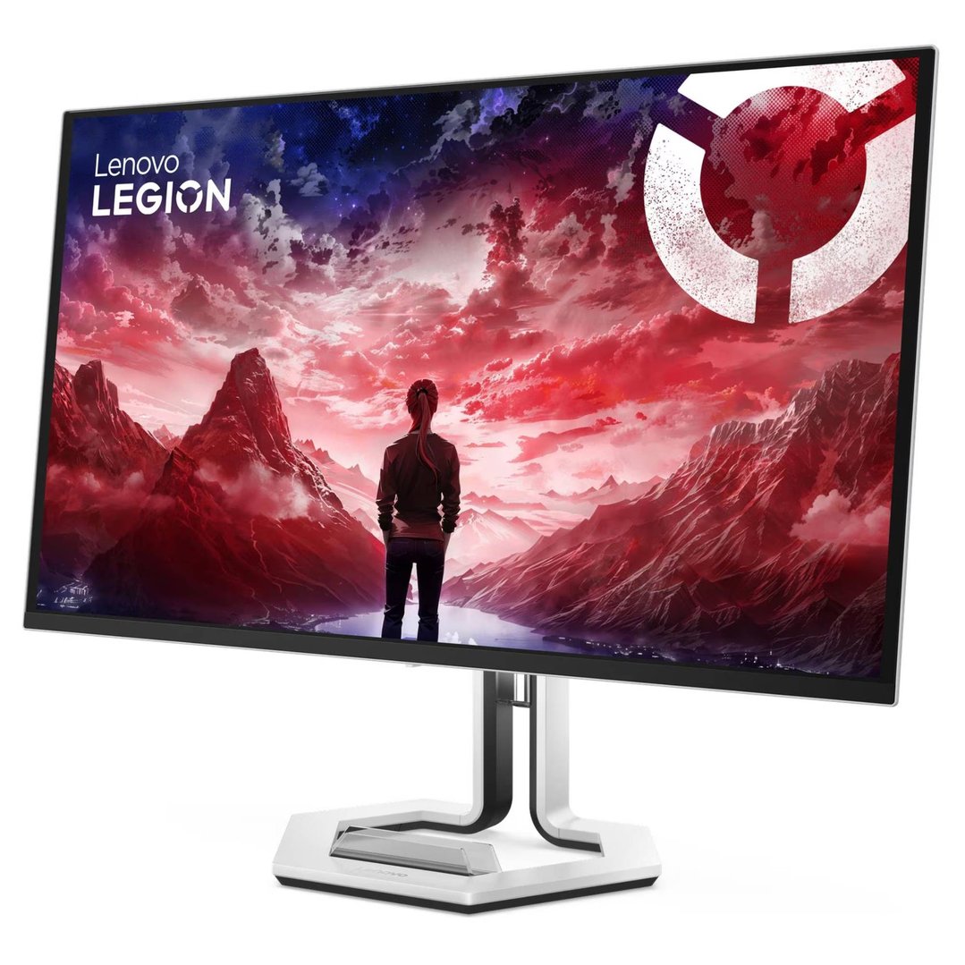 Lenovo Legion gaming monitor displaying a person looking at a red mountain landscape
