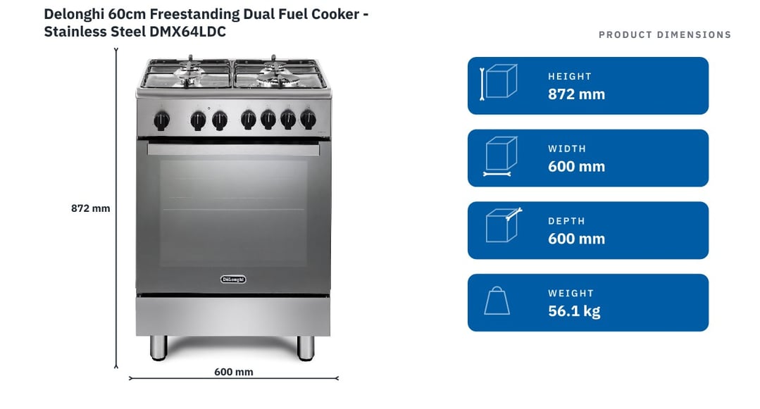 Delonghi 60cm Freestanding Dual Fuel Cooker - Stainless Steel DMX64LDC