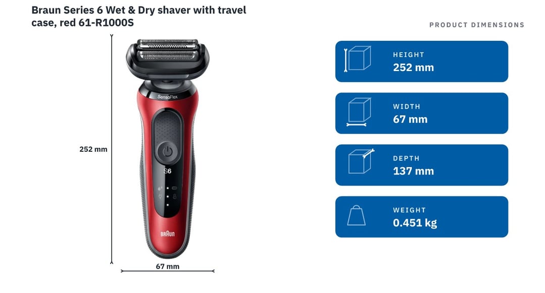 Braun Series 6 Wet & Dry shaver with travel case, red 61-R1000S — product dimensions