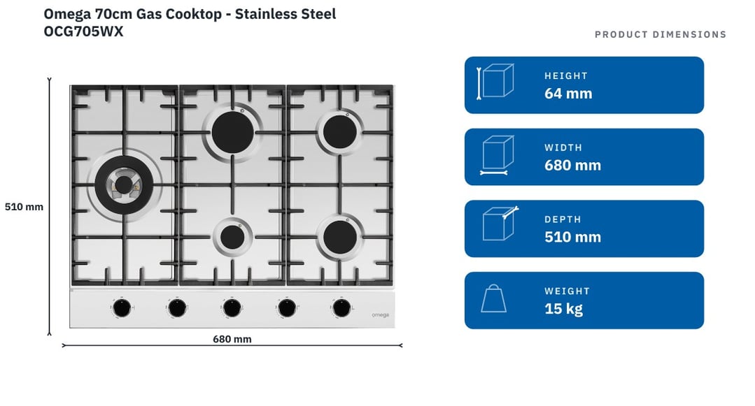 Omega 70cm Gas Cooktop - Stainless Steel OCG705WX — product dimensions