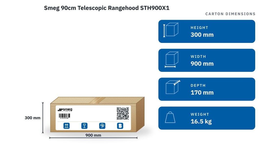 Smeg 90cm Telescopic Rangehood STH900X1 — packaged dimensions
