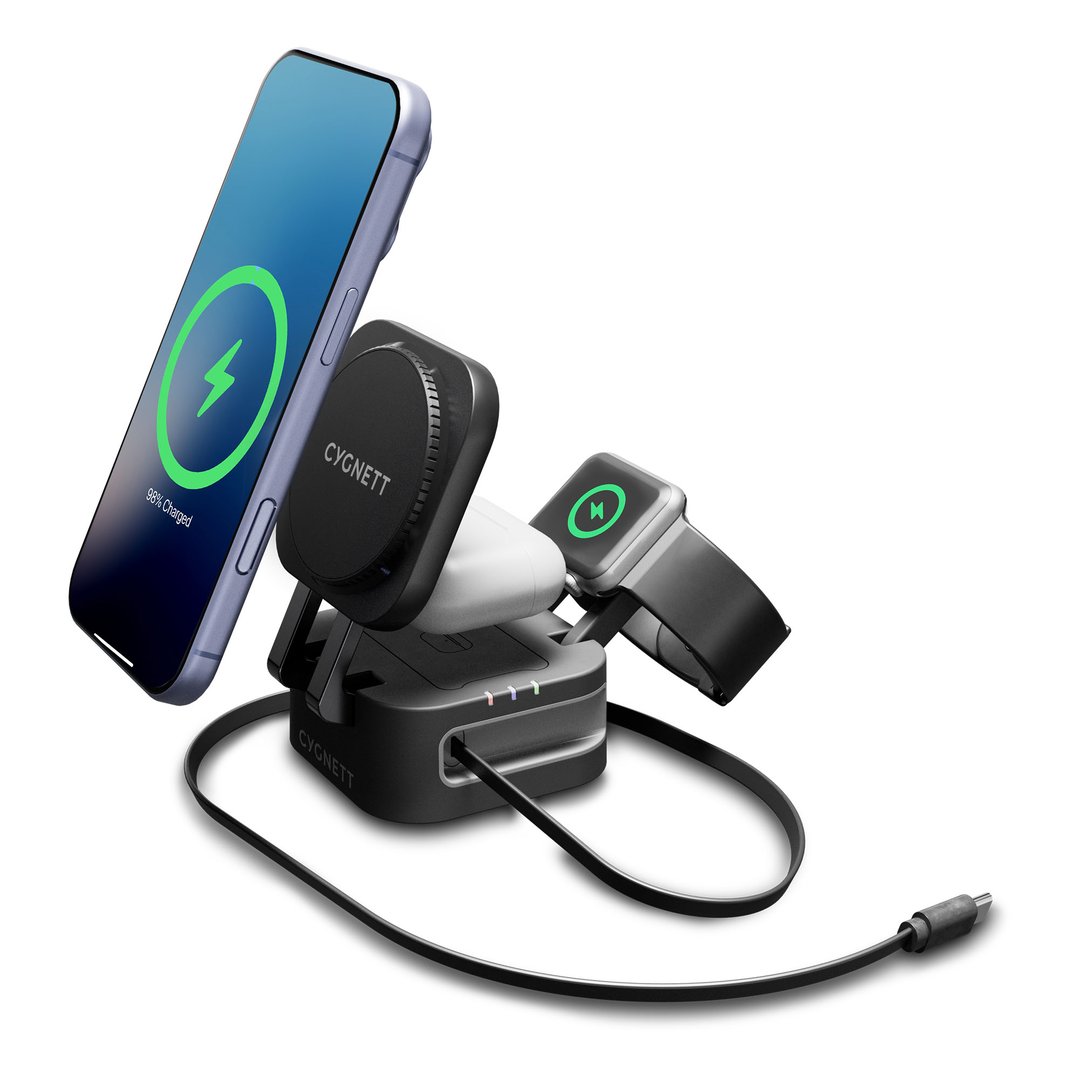 Cygnett ChargeBase Wireless 3-in-1 Charger with Retractable USB-C Cable – Black CY5852WCCRC