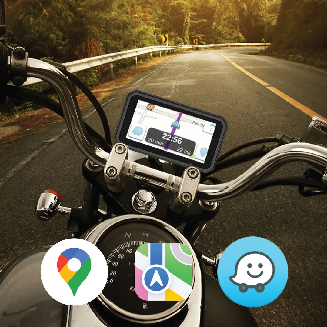 Motorbike CarPlay / Android Auto device mounted on handlebars on a winding road