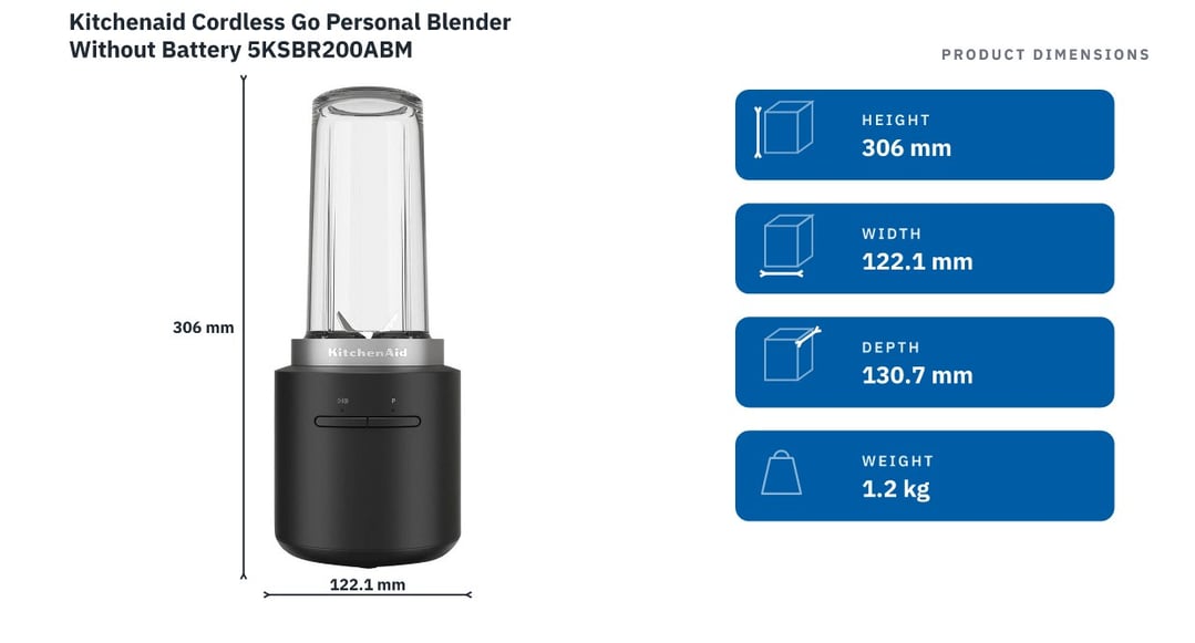 Kitchenaid Cordless Go Personal Blender Without Battery 5KSBR200ABM — product dimensions