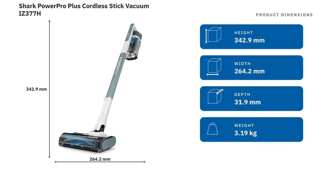 Shark PowerPro Plus Cordless Stick Vacuum IZ377H — product dimensions