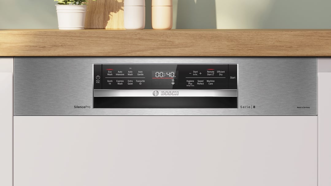 Bosch 60cm Series 8 Semi-Integrated Dishwasher Brushed Steel, Tall Tub SBI8ECS01A