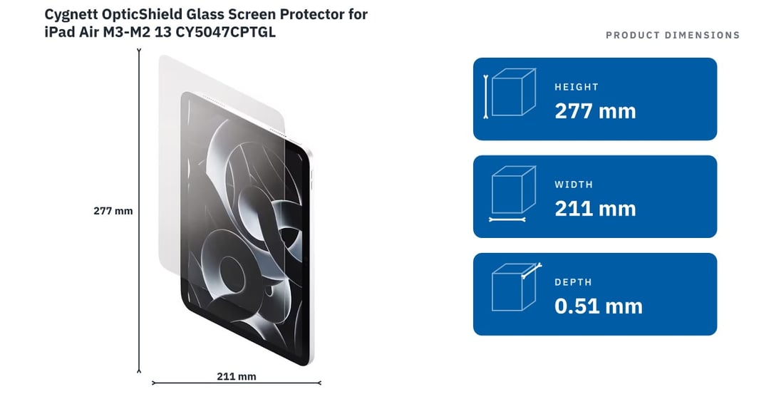 Cygnett OpticShield Glass Screen Protector for iPad Air M3-M2 13 CY5047CPTGL — product dimensions