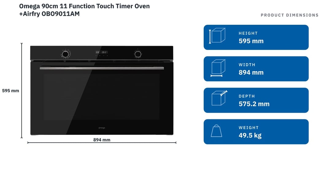Omega 90cm 11 Function Touch Timer Oven +Airfry OBO9011AM — product dimensions