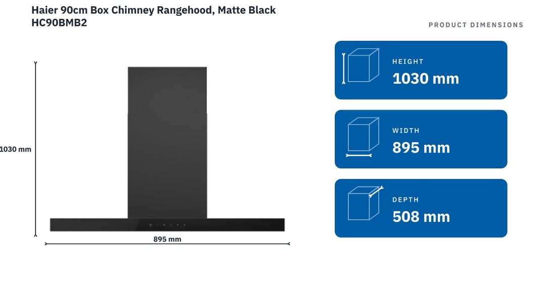 Haier 90cm Box Chimney Rangehood, Matte Black HC90BMB2 — product dimensions