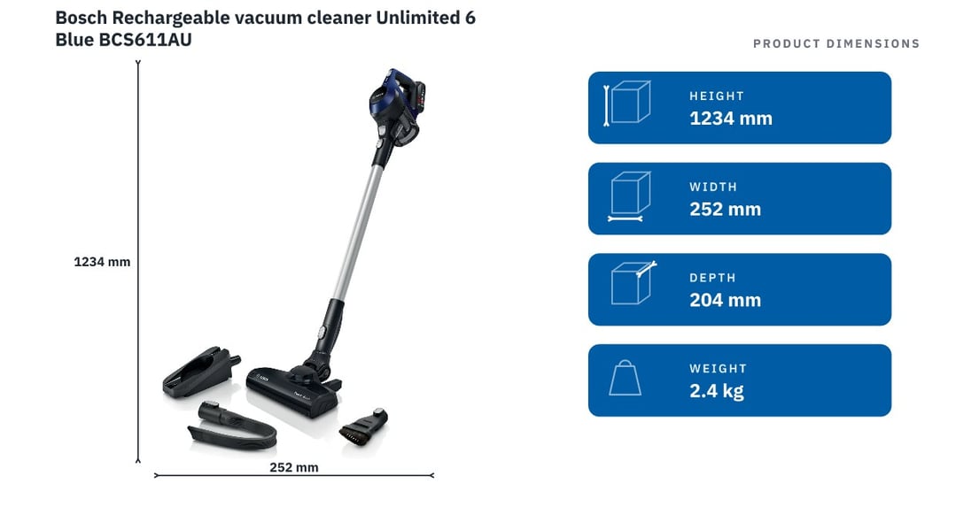 Bosch Rechargeable vacuum cleaner Unlimited 6 Blue BCS611AU — product dimensions