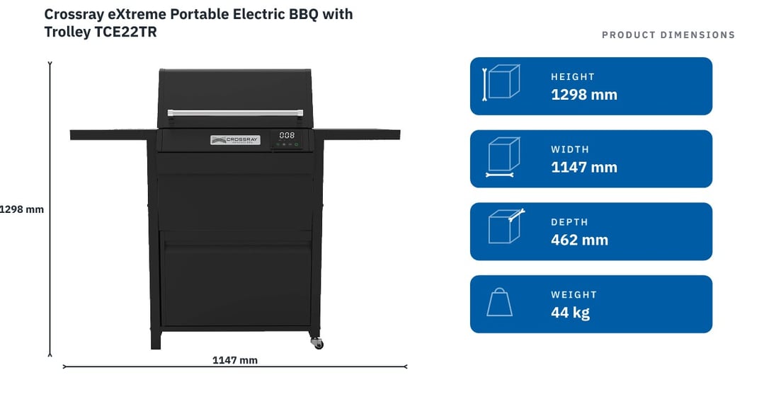 Crossray eXtreme Portable Electric BBQ with Trolley TCE22TR — product dimensions