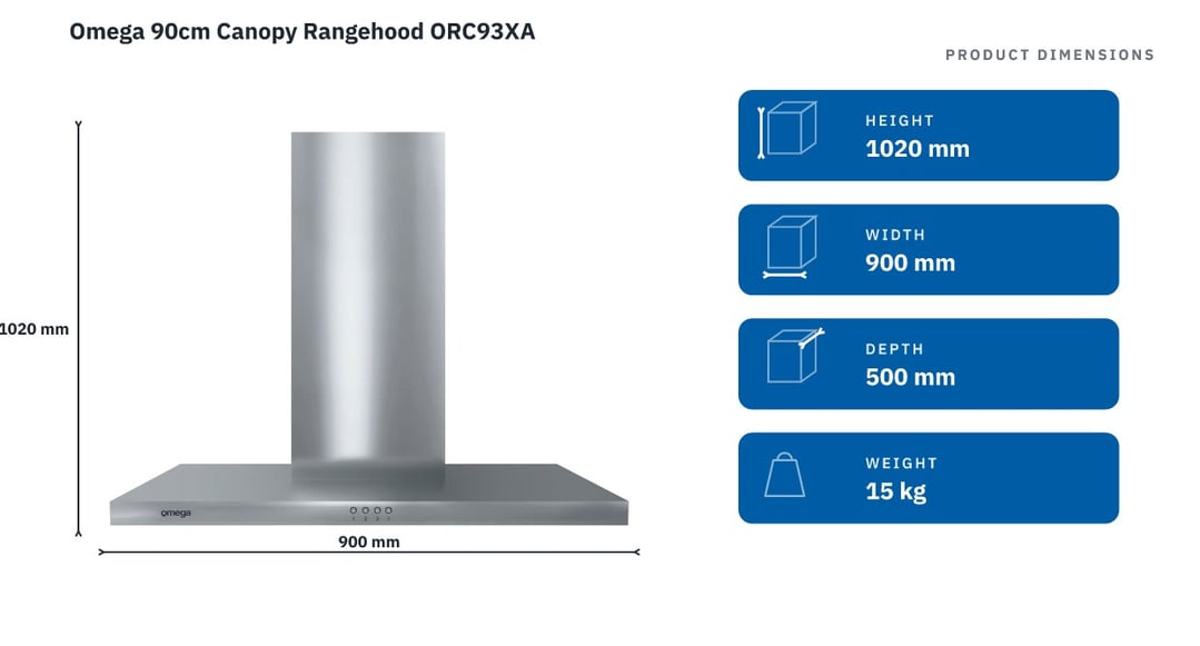 Omega 90cm Canopy Rangehood ORC93XA — product dimensions