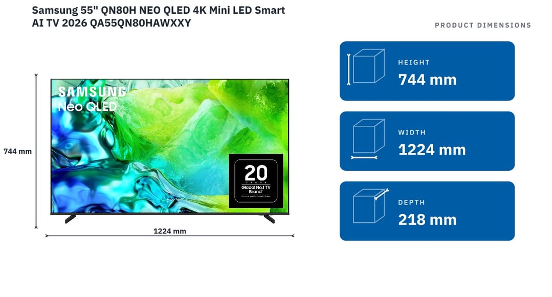 Samsung 55" QN80H NEO QLED 4K Mini LED Smart AI TV 2026 QA55QN80HAWXXY — product dimensions