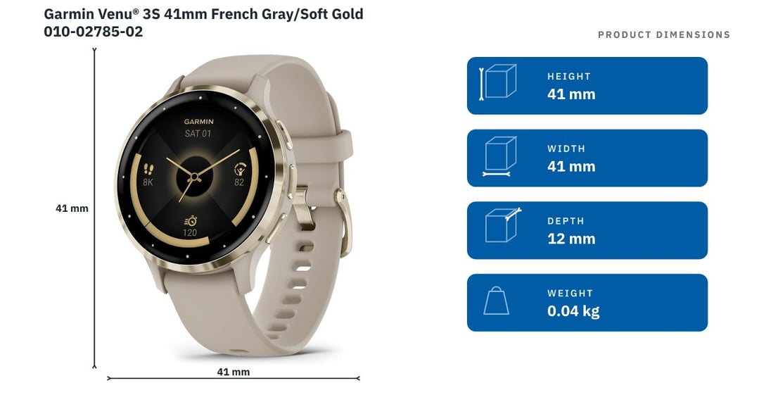 Garmin Venu® 3S 41mm French Gray/Soft Gold 010-02785-02 — product dimensions
