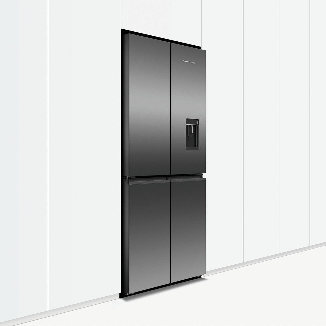 Dark gray quad door refrigerator freezer with ice and water dispenser