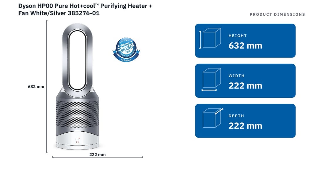 Dyson HP00 Pure Hot+cool™ Purifying Heater + Fan White/Silver 385276-01 — product dimensions