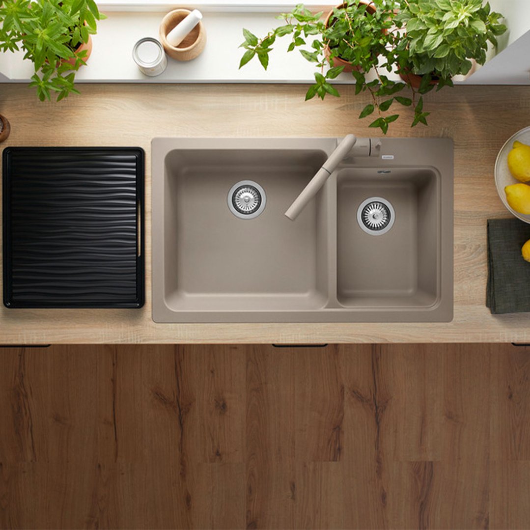 Overhead view of a BLANCO rock grey sink in a kitchen setting
