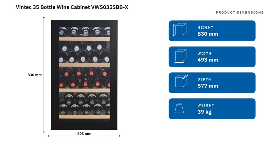 Vintec 35 Bottle Wine Cabinet VWS035SBB-X — product dimensions