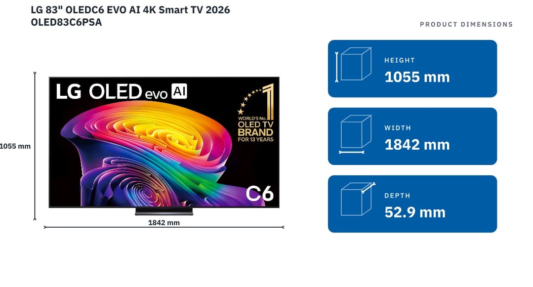 LG 83" OLEDC6 EVO AI 4K Smart TV 2026 OLED83C6PSA — product dimensions