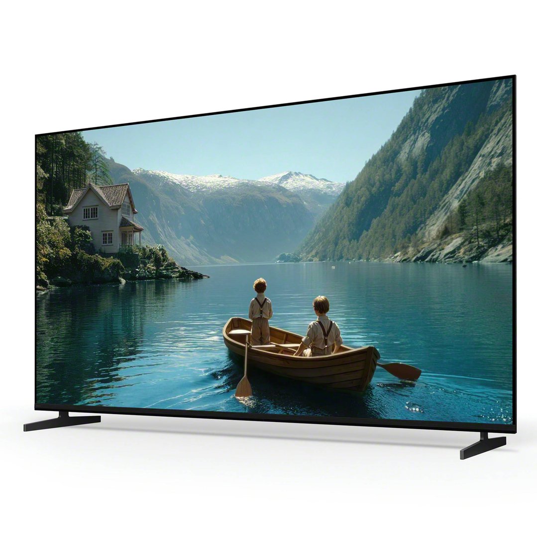 A SONY tv displaying a scenic lake with two boys in a boat