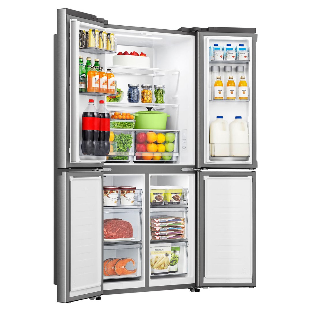 Open French door fridge filled with various food and drinks