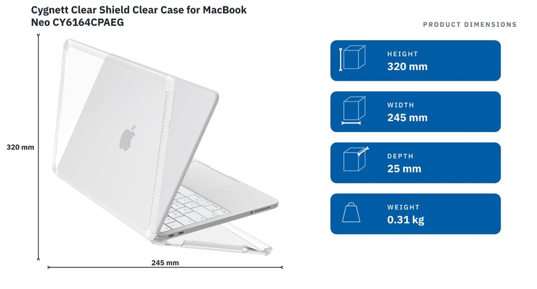 Cygnett Clear Shield Clear Case for MacBook Neo CY6164CPAEG — product dimensions