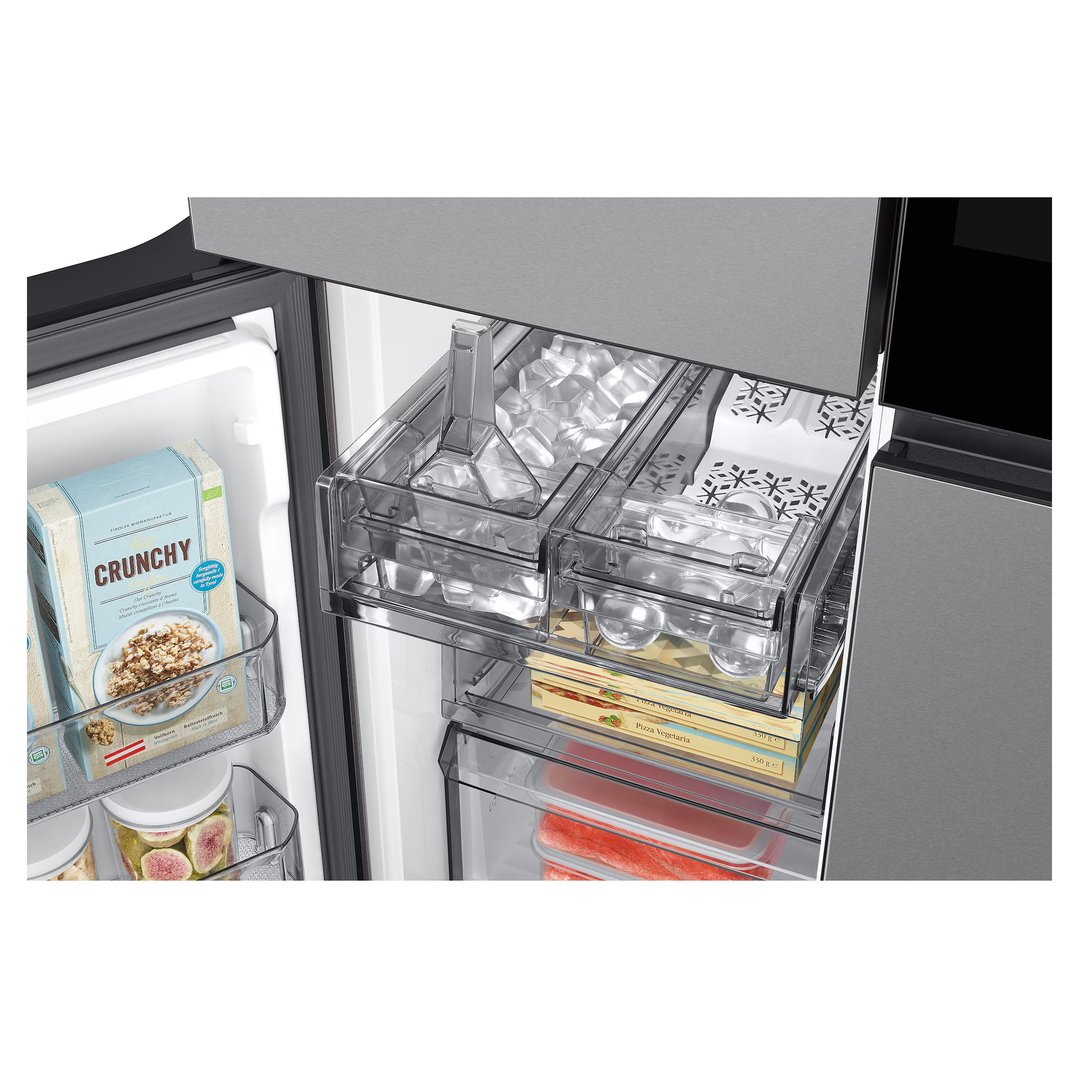 Open SAMSUNG 809L Bespoke AI 4-Door French Door Refrigerator showing interior storage