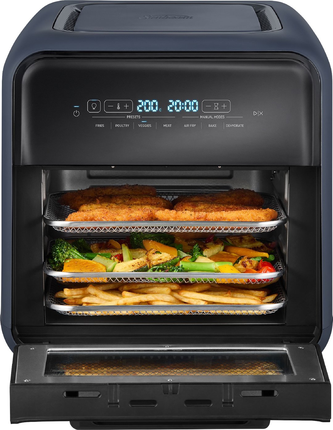 Air Fryer Oven with three racks of food inside, door slightly open