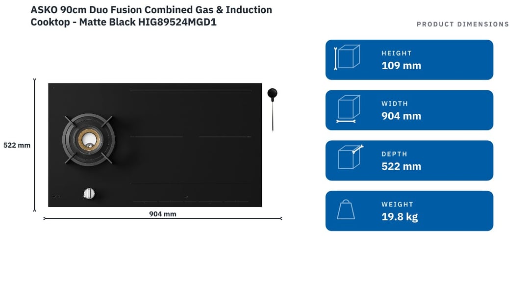 ASKO 90cm Duo Fusion Combined Gas & Induction Cooktop - Matte Black HIG89524MGD1 — product dimensions