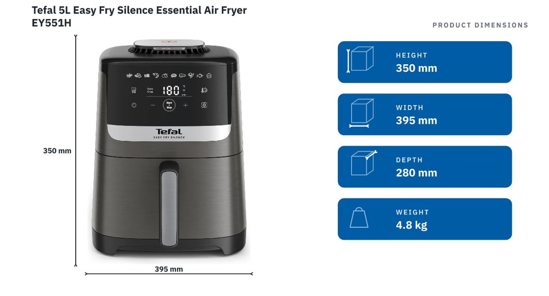 Tefal 5L Easy Fry Silence Essential Air Fryer EY551H — product dimensions