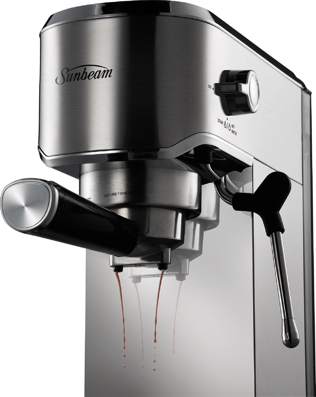 Espresso machine dispensing coffee into an unseen cup, close-up, angled view
