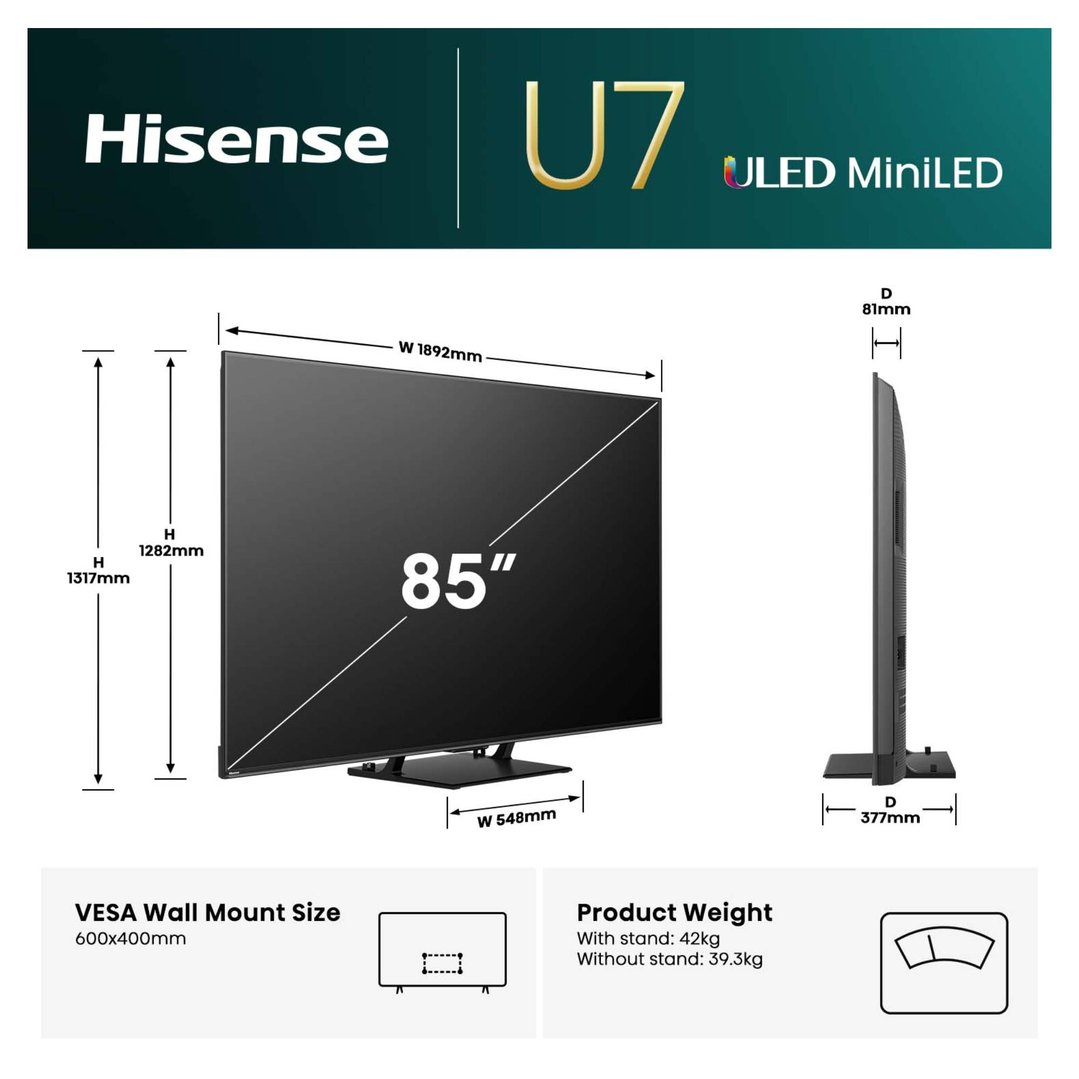 Hisense 85" U7QAU ULED MiniLED 4K QLED 165Hz Smart TV (2025) 85U7QAU