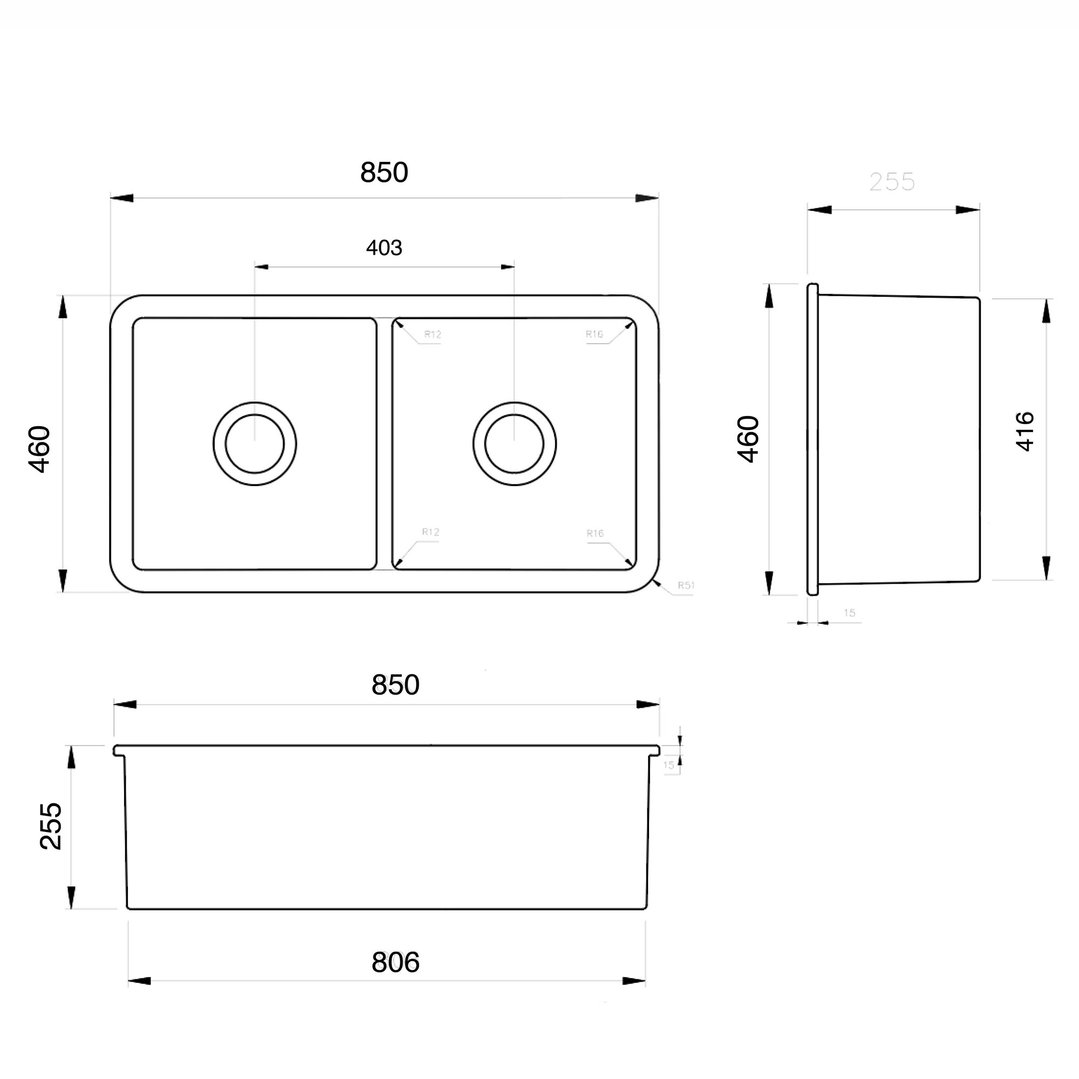 Turner Hastings Cuisine 85 x 46 Inset / Undermount Fine Fireclay Sink - Matte Black CUD85FS-MB