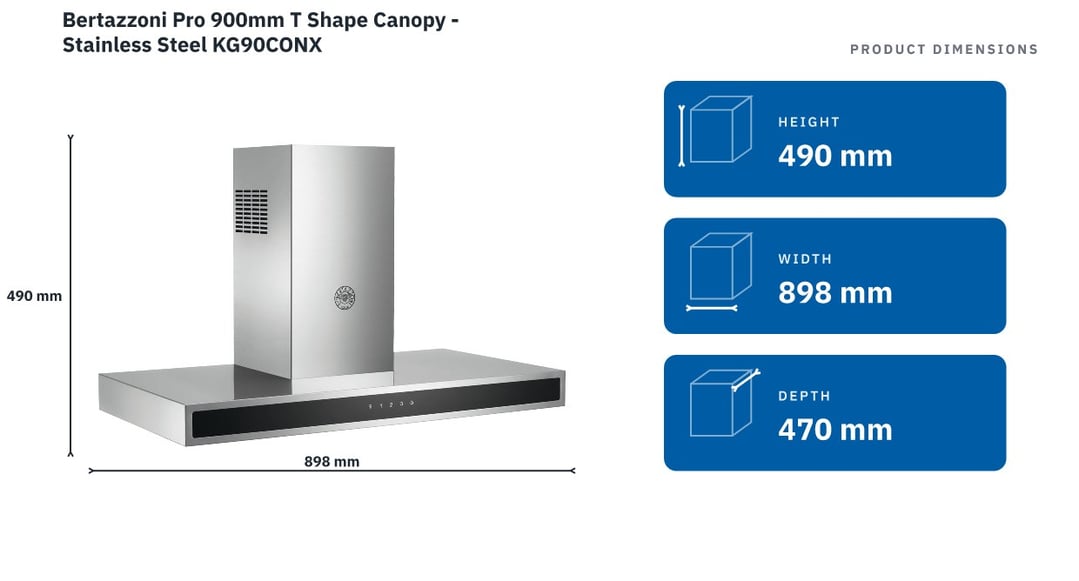 Bertazzoni Pro 900mm T Shape Canopy - Stainless Steel KG90CONX — product dimensions