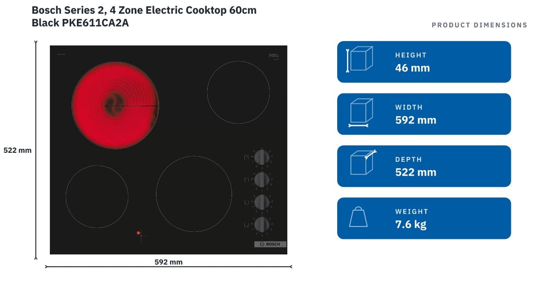 Bosch Series 2, 4 Zone Electric Cooktop 60cm Black PKE611CA2A — product dimensions