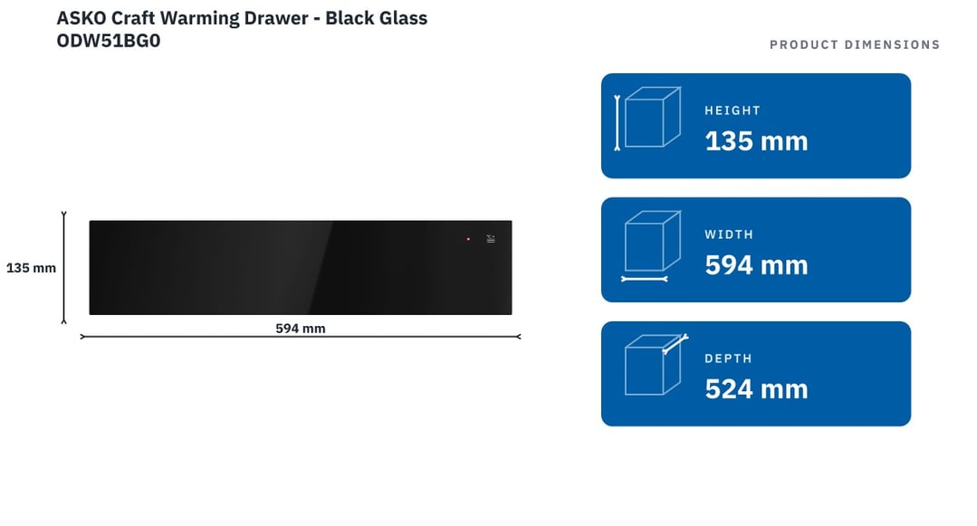 ASKO Craft Warming Drawer - Black Glass ODW51BG0 — product dimensions