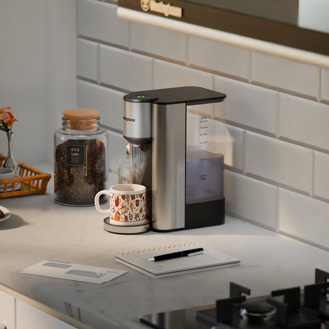 Instant hot water dispenser on a kitchen counter with coffee beans and mug