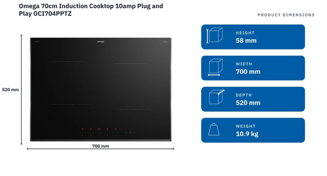 Omega 70cm Induction Cooktop 10amp Plug and Play OCI704PPTZ — product dimensions