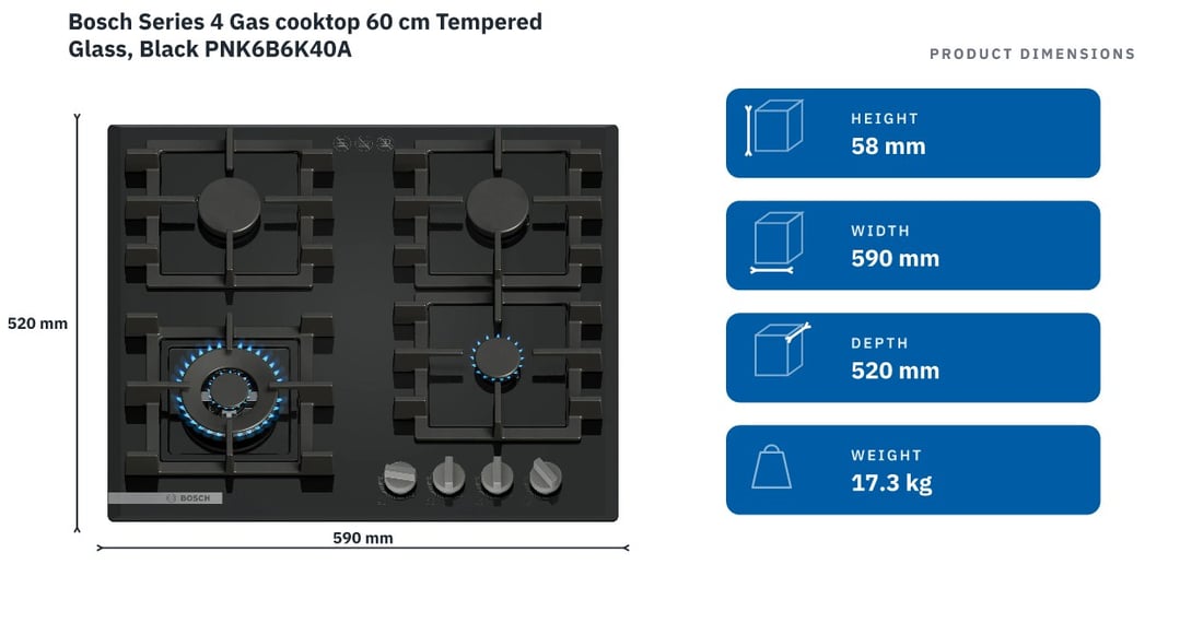 Bosch Series 4 Gas cooktop 60 cm Tempered Glass, Black PNK6B6K40A — product dimensions