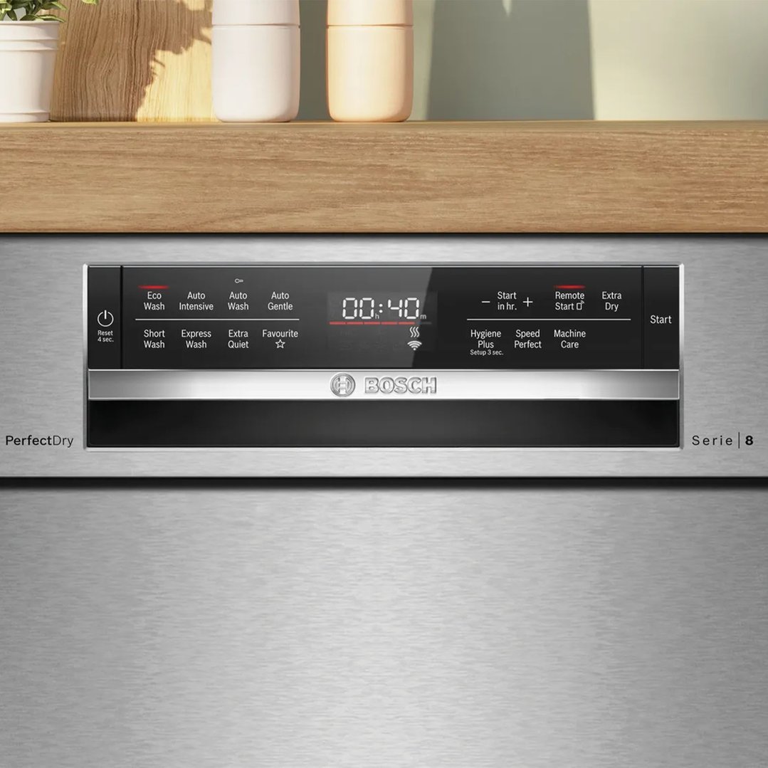 Close-up of a Bosch dishwasher control panel under a wooden shelf