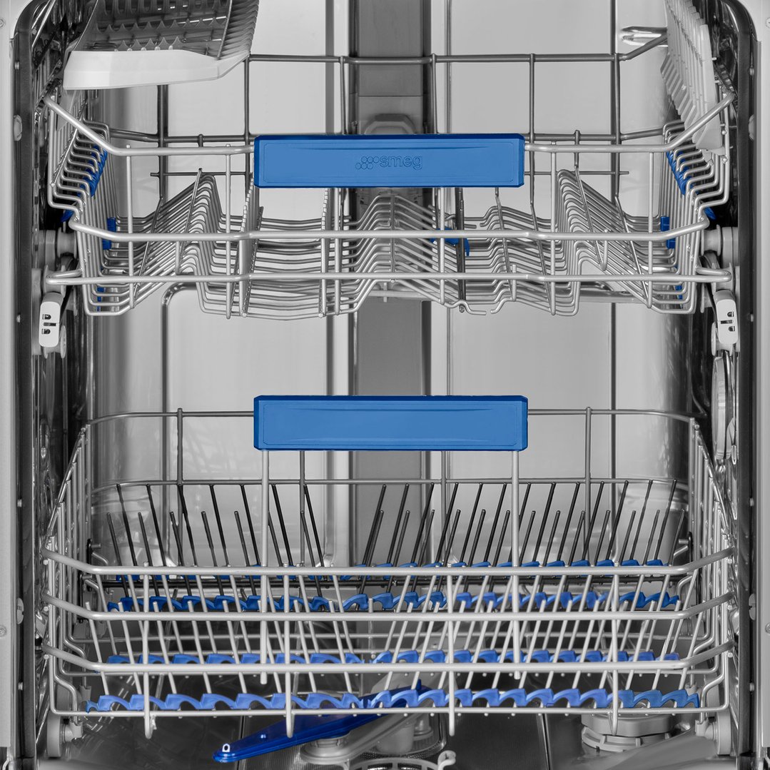 Interior view of a dishwasher with two racks and blue accents