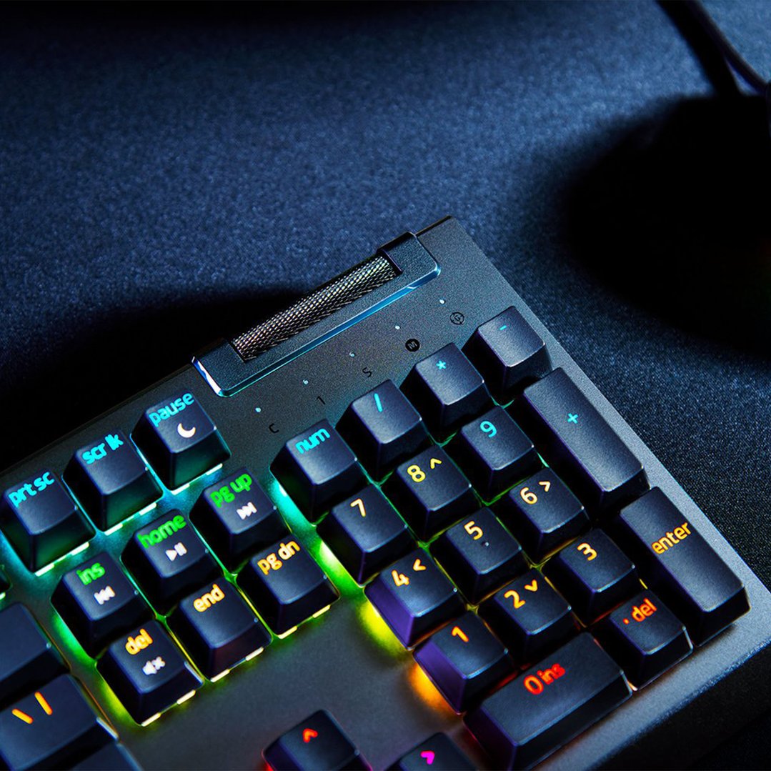 Close up of a Razer mechanical gaming keyboard with colorful backlighting