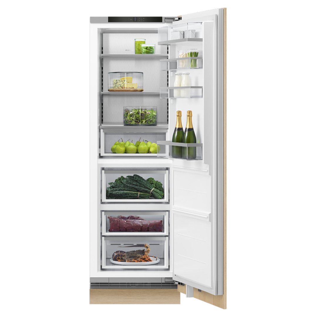 Integrated triple zone refrigerator with door open, showing food items inside