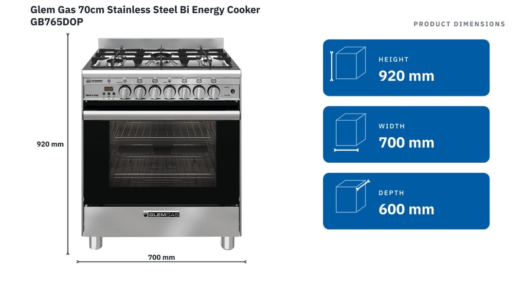 Glem Gas 70cm Stainless Steel Bi Energy Cooker GB765DOP — product dimensions