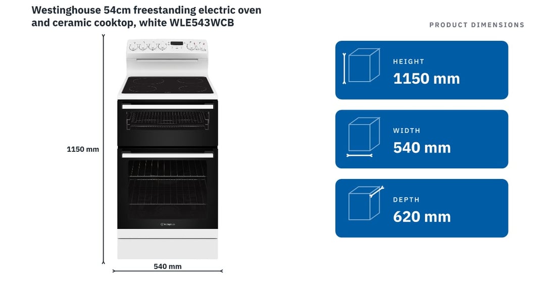 Westinghouse 54cm freestanding electric oven and ceramic cooktop, white WLE543WCB — product dimensions