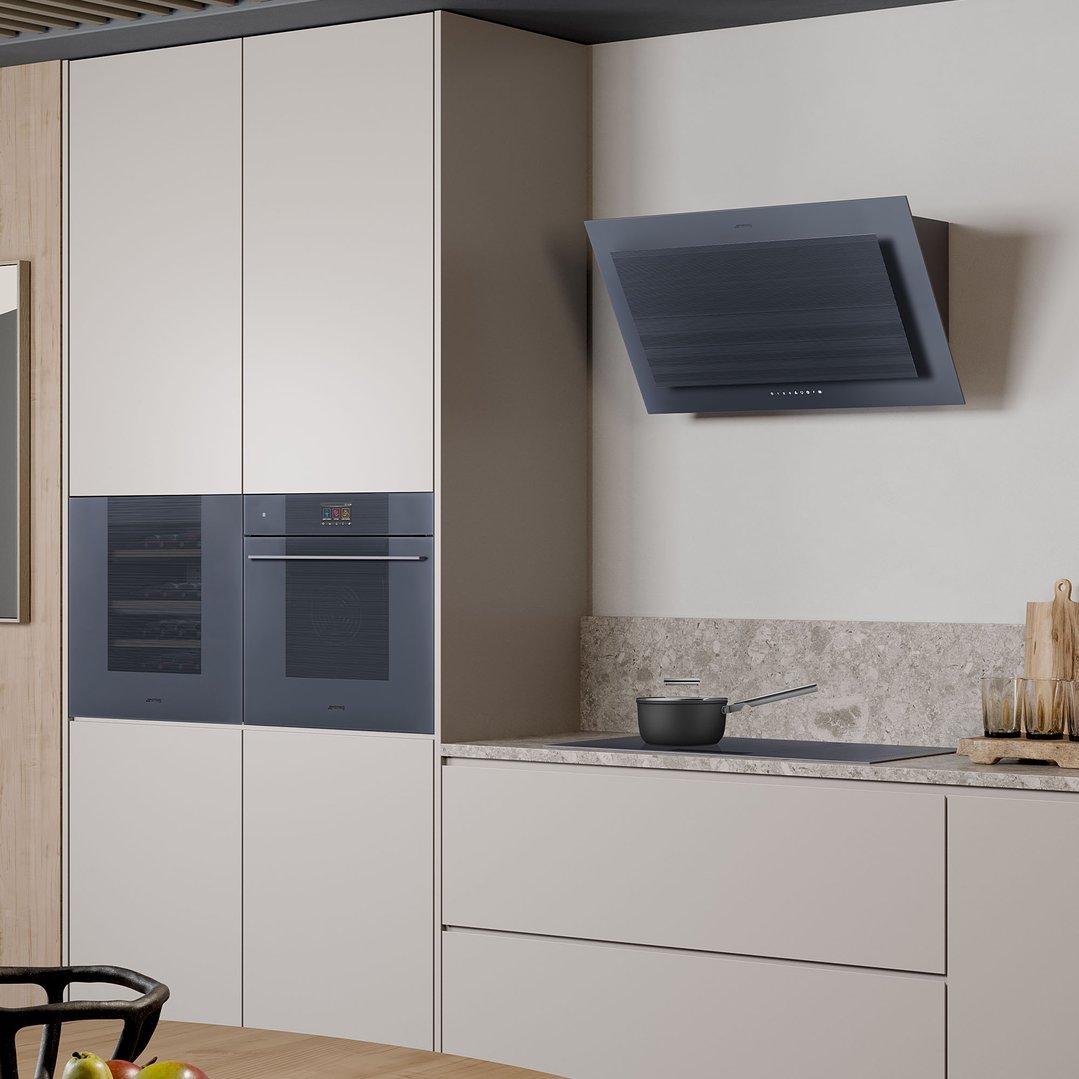 Built-in oven and wine cooler in a modern kitchen with a rangehood
