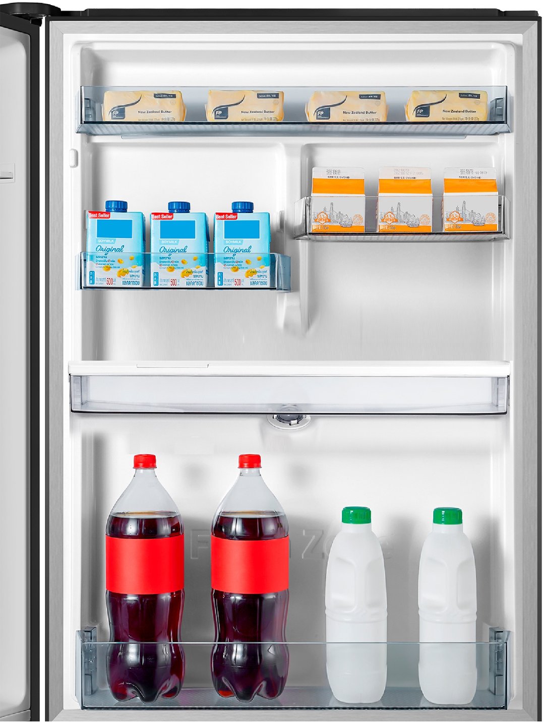 Open Hisense bottom mount fridge interior with food items on shelves