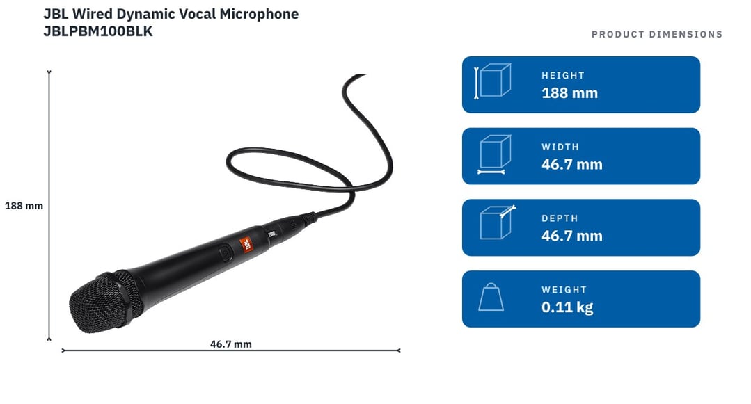 JBL Wired Dynamic Vocal Microphone JBLPBM100BLK — product dimensions
